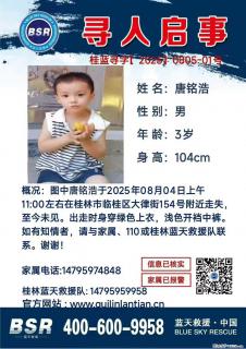 【寻人启事】图中唐铭浩于2025年08月04日上午11:00左右在桂林市临桂区大律街154号附近走失 - 河池28生活网 hc.28life.net